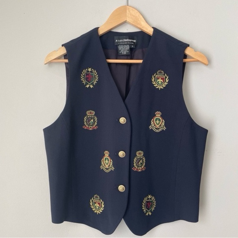 Vintage 90s Wool Embroidered Navy Vest Size 8